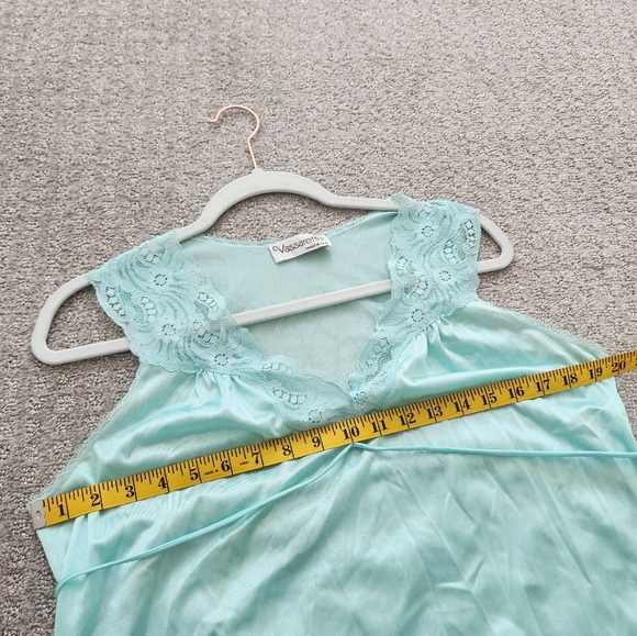 Vintage 90s Light Blue Aqua Lace Trim Long Slip Chemise Dress Made In USA S - Picture 6 of 9